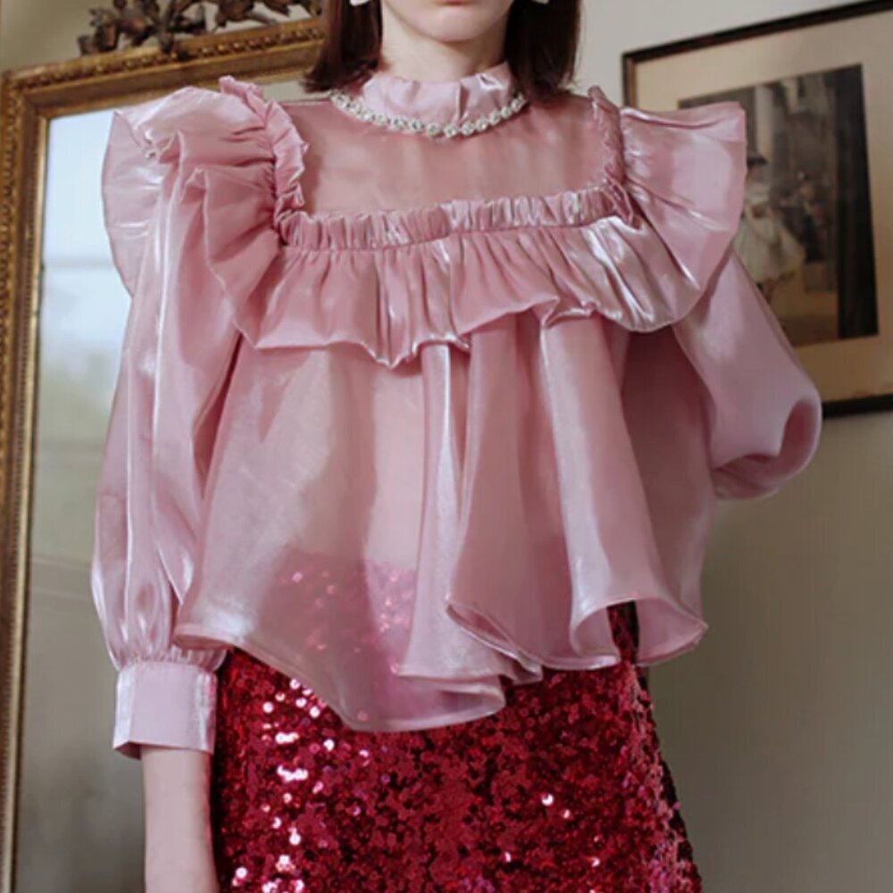 SISTER JANE OLD PINK RUFFLE RHINESTONE ORGANZA LOOSE FIT BLOUSE - XS